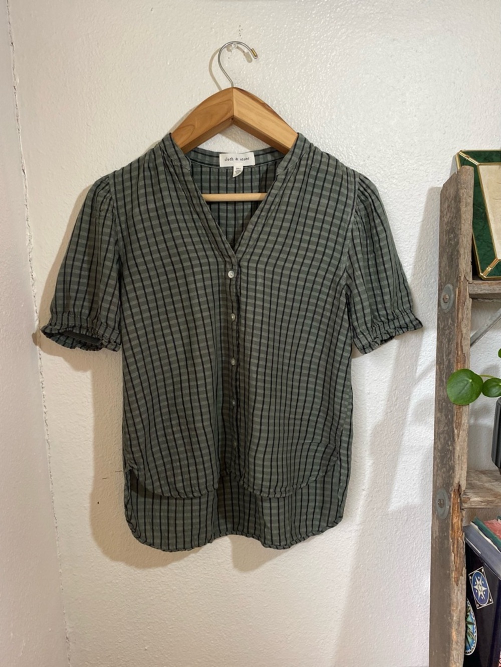 Cloth & Stone Puff-Sleeve Linen Blend Buttondown Gingham Top Dark Green Size S - Picture 4 of 11